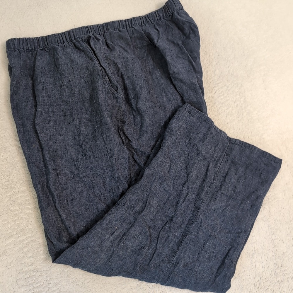 FLAX Cropped Pants Womens Large Blue Linen Wide Leg Baggy Relaxed Ladies Flaw